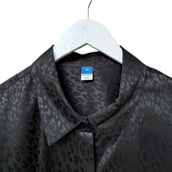 OLD NAVY Blouse Plus Size 2X Black Satin Leopard Long Sleeve Buttonup Shirt NWOT - Picture 6 of 11